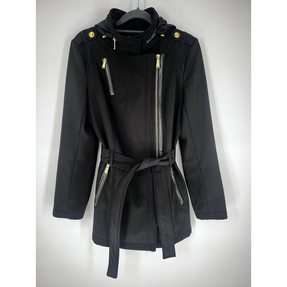 Michael Kors Womens XS Black Softshell Jacket Belted Hooded Moto Gold Zip